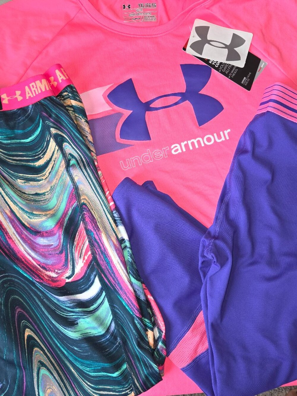 3pc Under Armour Girls XL Capri Leggings w/ T-Shirt Pink Purple NEW